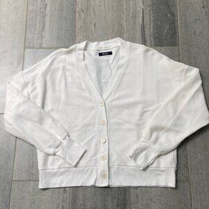 Michael Lauren V-Neck Cotton Relaxed Button Cardigan Thumbholes White Sz Small